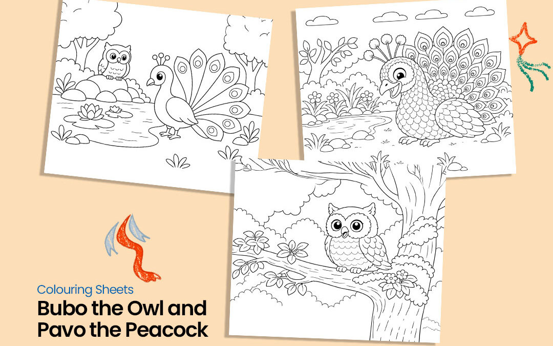 Download Bubo the Owl and Pavo the Peacock Colouring Sheet